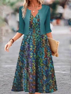 Women's Two Piece Dress Set Casual Dress Swing Dress Outdoor Daily Fashion Elegant Print Midi Dress V Neck Half Sleeve Floral Regular Fit Blue Purple Fuchsia Fall Winter S M L XL XXL -Party Prom Dresses Sales Store txjqhy1697681155031