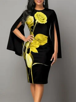 Women's Bodycon Sheath Dress Church Dress Midi Dress Black White Long Sleeve Floral Split Summer Spring Crew Neck Stylish Winter Dress Fall Dress 2023 S M L XL XXL