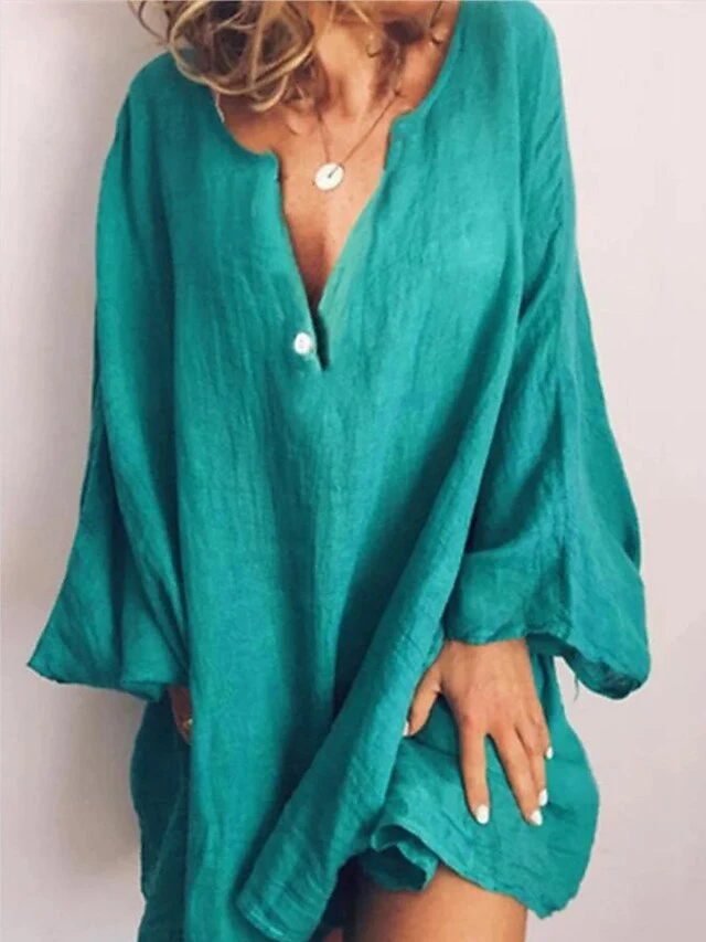 Women's Cotton Linen Dress Casual Dress Shift Dress Mini Dress Cotton Blend Fashion Modern Daily Vacation V Neck Button Long Sleeve Summer Spring 2023 Regular Fit Wine Blue Brown Pure Color S M L XL 2 Women's Cotton Linen Dress Casual Dress Shift Dress Mini Dress Cotton Blend Fashion Modern Daily Vacation V Neck Button Long Sleeve Summer Spring 2023 Regular Fit Wine Blue Brown Pure Color S M L XL - Image 2