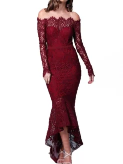 Women‘s Cocktail Party Dress Wedding Guest Dress Lace Dress Midi Dress Black White Wine Long Sleeve Pure Color Lace Winter Fall Autumn Off Shoulder Elegant Winter Dress Fall Dress 2023 S M L XL -Party Prom Dresses Sales Store txrmey1635409559572