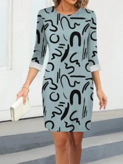 Women's Work Dress Casual Dress Sheath Dress Fashion Winter Dress Office Daily Midi Dress Print Crew Neck 3/4 Length Sleeve Letter Regular Fit Navy Blue Blue Green Fall Winter S M L XL XXL