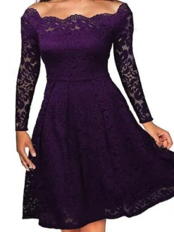 Women‘s Party Dress Homecoming Dress Lace Dress Midi Dress Black Wine Dusty Blue Long Sleeve Pure Color Lace Fall Spring Off Shoulder Elegant Winter Dress Wedding Guest 2023 -Party Prom Dresses Sales Store tyalvy1603105993535