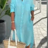 Women's Shirt Dress Cotton Linen Dress Casual Dress Midi Dress Cotton Blend Fashion Classic Outdoor Daily Vacation Shirt Collar Button Pocket 3/4 Length Sleeve Summer Spring Fall 2023 Loose Fit Blue