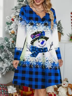 Women's Work Dress Casual Dress Fashion Winter Dress Christmas Daily Mini Dress Print V Neck Long Sleeve Plaid Snowman Regular Fit Red Blue Purple Fall Winter S M L XL XXL -Party Prom Dresses Sales Store tyfehq1696671831021