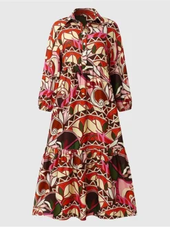 Women's Work Dress Swing Dress Semi Formal Dress Fashion Long Dress Maxi Dress Button Print Shirt Collar Long Sleeve Geometric Color Block Loose Fit Red Fall Winter S M L XL XXL -Party Prom Dresses Sales Store tyjgbw1693374055957