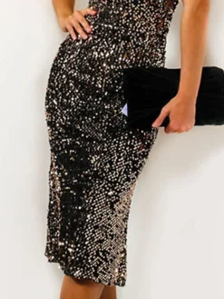 Women‘s Party Dress Homecoming Dress Sequin Dress Bodycon Midi Dress Black Short Sleeve Pure Color Sequins Fall Spring Summer Stand Collar Office 2023 S M L XL -Party Prom Dresses Sales Store tytwye1660904988249