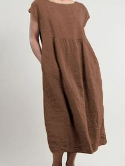 Women's Cotton Linen Dress A Line Dress Maxi Long Dress Cotton Blend Basic Casual Daily Vacation Crew Neck Patchwork Pocket Short Sleeve Summer Spring Linen Loose Fit Black White Pink Pure Color S M -Party Prom Dresses Sales Store tzjels1624621331801