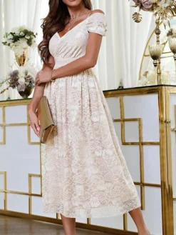 Women‘s Party Dress Lace Dress Cocktail Dress Special Occasion Holiday Wedding Guest Midi Dress Party Stylish V Neck Short Sleeve Lace Backless Loose Fit Beige Flower S M L XL 2XL -Party Prom Dresses Sales Store tztjfq1678950822020