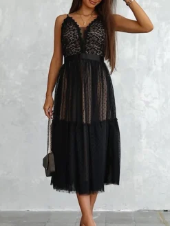 Women's Party Dress Lace Dress Homecoming Dress Midi Dress Black White Pink Sleeveless Floral Lace Summer Spring Fall Spaghetti Strap Party Birthday Wedding Guest Vacation Slim 2023 S M L XL / Winter -Party Prom Dresses Sales Store tzywjv1675654779660