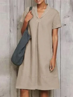 Women's Casual Dress Cotton Linen Dress A Line Dress Midi Dress Linen Cotton Blend Fashion Modern Outdoor Daily Vacation V Neck Ruched Short Sleeve Summer Spring 2023 Loose Fit ArmyGreen Wine Sky Blue -Party Prom Dresses Sales Store uadtlq1678262787616