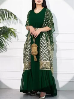 Women's Two Piece Dress Set Party Dress Sheath Dress Party Cocktail Party Fashion Party Lace Up Ruched Long Dress Maxi Dress Crew Neck Short Sleeve Print Loose Fit Black White Green Fall Winter S M L -Party Prom Dresses Sales Store uamwsd1696691507695