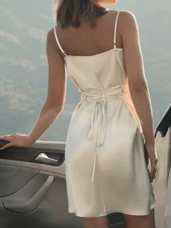 Women's Party Dress Satin Dress Semi Formal Dress Mini Dress Beige Light Blue Sleeveless Pure Color Backless Summer Spring Spaghetti Strap Party Vacation Summer Dress Spring Dress 2023 S M L XL -Party Prom Dresses Sales Store ubffio1676452340492