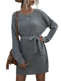 Women's Sweater Dress Jumper Dress Casual Dress Mini Dress Warm Pure Color Outdoor Casual Daily Going Out Crew Neck Long Sleeve Lace Up 2023 Loose Fit Wine Dark Gray Beige S M L -Party Prom Dresses Sales Store ubhhdl1695106685877