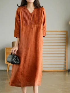 Women's Work Dress Sheath Dress Semi Formal Dress Fashion Midi Dress Button V Neck Half Sleeve Plain Loose Fit White Blue Orange Fall Winter L XL XXL 3XL -Party Prom Dresses Sales Store ubpzcp1692601434456