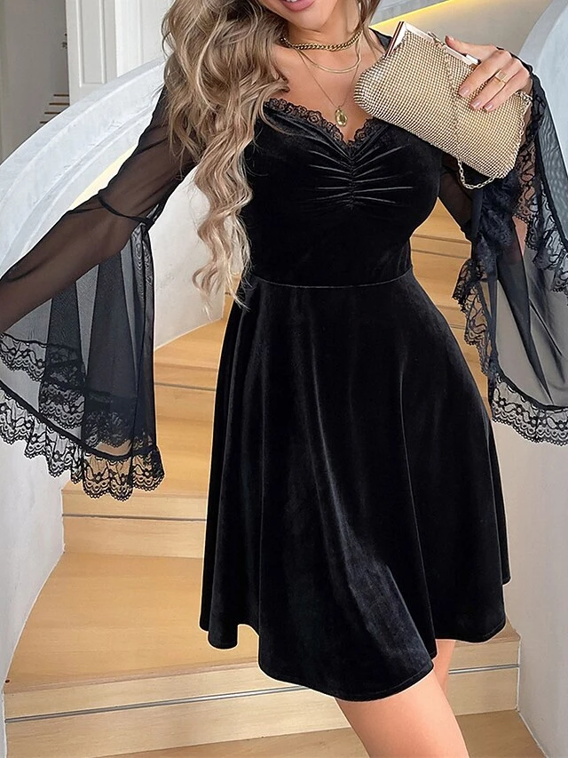 Women‘s Party Dress Velvet Dress Cocktail Dress Black Dress Mini Dress Long Sleeve Pure Color Ruched Fall Winter Autumn V Neck Fashion Winter Dress Birthday Wedding Guest 2023 S M L XL 2 Women‘s Party Dress Velvet Dress Cocktail Dress Black Dress Mini Dress Long Sleeve Pure Color Ruched Fall Winter Autumn V Neck Fashion Winter Dress Birthday Wedding Guest 2023 S M L XL - Image 2