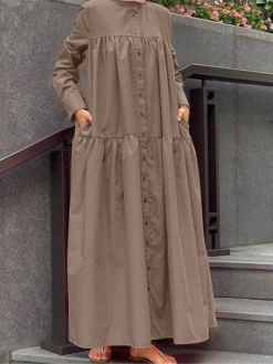 Women's Shirt Dress Casual Dress Cotton Linen Dress Maxi Long Dress Cotton Basic Classic Outdoor Daily Vacation Stand Collar Button Pocket Long Sleeve Spring Fall Winter 2023 Loose Fit Black Red Camel