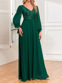Women's Prom Dress Party Dress Sequin Dress Long Dress Maxi Dress Green Long Sleeve Pure Color Sequins Fall Winter Autumn V Neck Fashion Wedding Guest Birthday Evening Party 2023 S M L XL -Party Prom Dresses Sales Store ucxwvt1696567366129