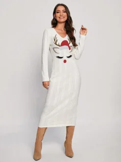 Women's Christmas Dress Sweater Dress Jumper Dress Midi Dress Warm Deer Outdoor Christmas Daily Holiday V Neck Long Sleeve 2023 Regular Fit White S M L XL XXL 3XL