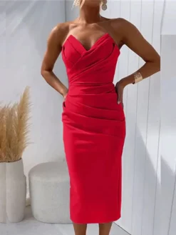 Women's Party Dress Cocktail Dress Bodycon Midi Dress Black White Pink Sleeveless Pure Color Ruched Fall Autumn Strapless Fashion Wedding Guest Birthday Vacation 2023 S M L XL -Party Prom Dresses Sales Store uefhkm1695277876957