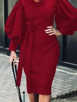 Women's Work Dress Casual Dress Sheath Dress Fashion Winter Dress Office Daily Midi Dress Lace Up Ruched Crew Neck Long Sleeve Plain Regular Fit Black White Red Fall Winter S M L XL XXL -Party Prom Dresses Sales Store uehnrg1695635308342