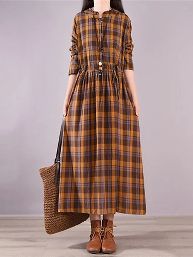 Women's Casual Dress Cotton Linen Dress Plaid Dress Midi Dress Linen / Cotton Blend Fashion Basic Outdoor Daily Holiday Stand Collar Pocket Print Long Sleeve Fall Winter Autumn 2023 Loose Fit Yellow 6 Women's Casual Dress Cotton Linen Dress Plaid Dress Midi Dress Linen / Cotton Blend Fashion Basic Outdoor Daily Holiday Stand Collar Pocket Print Long Sleeve Fall Winter Autumn 2023 Loose Fit Yellow - Image 6