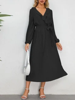 Women's Work Dress Swing Dress Black Dress Fashion Midi Dress Lace Up Ruched V Neck Long Sleeve Plain Loose Fit Black Blue Green Fall Winter S M L XL XXL -Party Prom Dresses Sales Store ufinpu1693374224814