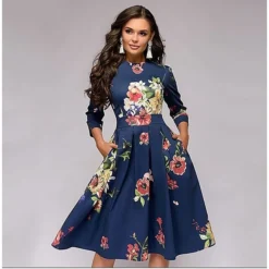 Women‘s A Line Dress Knee Length Dress Purple / Blue White Dark Blue Red 3/4 Length Sleeve Floral Print Print Fall Spring Round Neck Formal Vintage 2023 S M L XL XXL XXXL -Party Prom Dresses Sales Store uflczl1647310992234