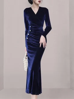 Women's Prom Dress Party Blue Dress Velvet Dress Long Dress Maxi Dress Blue Long Sleeve Pure Color Lace Up Fall Winter Autumn Crew Neck -Party Prom Dresses Sales Store ufnaxa1695030107638