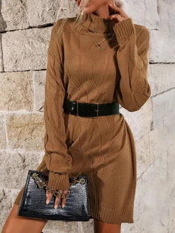 Women's Winter Dress Jumper Dress Casual Dress Mini Dress Patchwork Outdoor Street Daily Fashion Streetwear Turtleneck Long Sleeve 2023 Loose Fit Camel Color S M L Size -Party Prom Dresses Sales Store ufuogt1693992727329