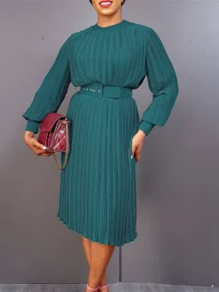 Women's Work Dress Casual Dress Black Dress Fashion Office Daily Workfashion Midi Dress Lace Up Pleated Crew Neck Long Sleeve Plain Regular Fit Black White Red Fall Winter S M L XL XXL