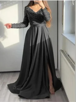 Women‘s Formal Party Dress Swing Dress A Line Dress Long Dress Maxi Dress Black Green Long Sleeve Pure Color Patchwork Winter Fall Spring V Neck Fashion Winter Dress Evening Party 2023 S M L XL 2XL -Party Prom Dresses Sales Store uggvug1669449976423