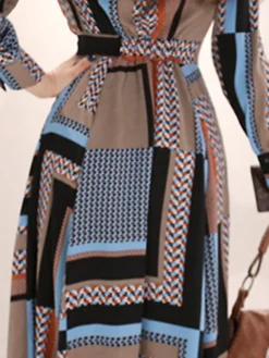 Women's Work Dress Sheath Dress Swing Dress Fashion Winter Dress Office Daily Long Dress Maxi Dress Button Print V Neck Long Sleeve Stripe Print Regular Fit Khaki Fall Winter S M L XL -Party Prom Dresses Sales Store ugisae1695030997569