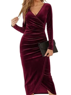 Women's Cocktail Party Dress Green Velvet Dress Black Dress Wedding Guest Dress Bodycon Midi Dress Purple Wine Dark Long Sleeve Pure Color Ruched Split V Neck -Party Prom Dresses Sales Store uhbmmp1665293394355