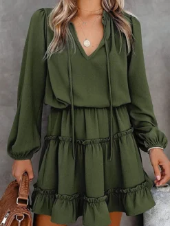 Women's Casual Dress Cotton Linen Dress Mini Dress Cotton Fashion Traditional / Vintage Outdoor Daily Vacation V Neck Ruched Ruffle Long Sleeve Fall Winter Autumn 2023 Loose Fit Black Red Blue Plain -Party Prom Dresses Sales Store uhbsbe1694573747254