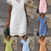Women's Casual Dress Cotton Linen Dress Shift Dress Midi Dress Cotton Blend Fashion Basic Outdoor Daily Vacation V Neck Lace Up Hollow Out Short Sleeve Summer Spring 2023 Loose Fit Light Blue White