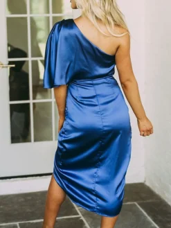 Women's Party Dress Cocktail Dress Satin Dress Midi Dress Black Gold Dark Blue Short Sleeve Pure Color Ruched Spring Fall One Shoulder Fashion Office Wedding Guest Vacation 2022 S M L XL -Party Prom Dresses Sales Store uhoglq1634955678011