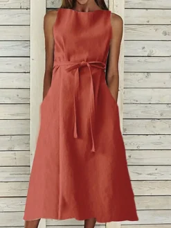 Women's Casual Dress Cotton Linen Dress A Line Dress Midi Dress Cotton And Linen Basic Classic Outdoor Daily Vacation Crew Neck Lace Up Sleeveless Summer Spring 2023 Regular Fit Navy Blue Orange -Party Prom Dresses Sales Store uhunnj1682303580428