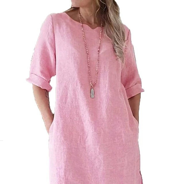Women's Cotton Linen Dress A Line Dress Mini Dress Cotton Cotton Blend Casual Comfort Home Split Neck Pocket Rolled Cuff Half Sleeve Summer Spring Loose Fit Pink Light Blue Gray Pure Color S M L XL 5 Women's Cotton Linen Dress A Line Dress Mini Dress Cotton Cotton Blend Casual Comfort Home Split Neck Pocket Rolled Cuff Half Sleeve Summer Spring Loose Fit Pink Light Blue Gray Pure Color S M L XL - Image 5