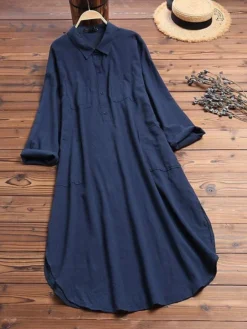 Women‘s Casual Dress Cotton Dress Shirt Dress Swing Dress Midi Dress Blue Yellow Red Long Sleeve Pure Color Pocket Summer Fall Spring Shirt Collar Basic Daily Weekend Loose Fit 2023 S M L XL XXL 3XL -Party Prom Dresses Sales Store uiiqyr1673853088825