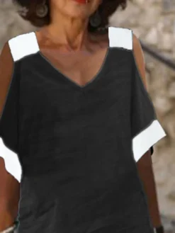 Women's Casual Dress Cotton Linen Dress Shift Dress Midi Dress Cotton Blend Fashion Basic Outdoor Daily V Neck Patchwork Hollow Out Half Sleeve Summer Spring Fall 2023 Loose Fit Black Plain S M L XL -Party Prom Dresses Sales Store uilgau1683716826642