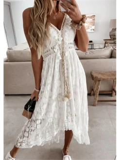 Women's Party Dress Casual Dress Holiday Dress Long Dress Maxi Dress White Beige Sleeveless Print Lace Summer Spring V Neck Basic Vacation 2023 S M L XL XXL -Party Prom Dresses Sales Store uitrpe1635499075692