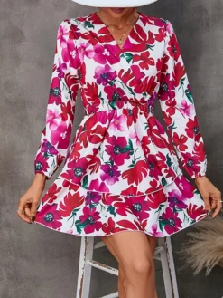 Women's Work Dress Semi Formal Dress Wrap Dress Fashion Mini Dress Ruffle Layered V Neck Long Sleeve Floral Regular Fit Red Purple Orange Fall S M L XL XXL