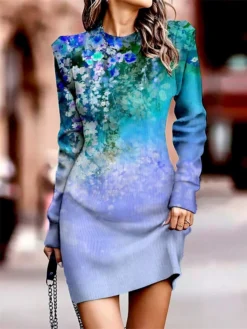 Women's Sweater Dress Winter Dress Jumper Dress Mini Dress Fashion Floral Outdoor Daily Date Going Out Crew Neck Long Sleeve Print 2023 Regular Fit Purple S M L XL XXL 3XL