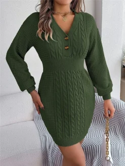 Women's Sweater Dress Winter Dress Jumper Dress Mini Dress Active Pure Color Outdoor Casual Holiday Vacation V Neck Long Sleeve Button 2023 Regular Fit White Pink Green S M L -Party Prom Dresses Sales Store ujutqe1696926538827