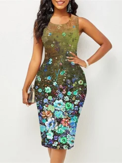 Women's Work Dress Sheath Dress Semi Formal Dress Fashion Midi Dress Print Crew Neck Sleeveless Floral Slim Pink Red Blue Summer Spring S M L XL XXL -Party Prom Dresses Sales Store ukfxdu1677122660507