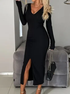 Women's Sweater Dress Jumper Dress Casual Dress Midi Dress Fashion Plain Outdoor Daily Vacation Going Out V Neck Long Sleeve 2023 Regular Fit Black Green Khaki S M L XL XXL -Party Prom Dresses Sales Store ukjkgu1694427593990