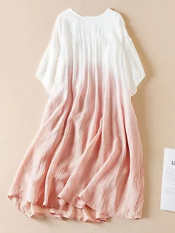 Women's Casual Dress Cotton Linen Dress Swing Dress Midi Dress Polyester Fashion Casual Outdoor Daily Vacation Crew Neck Pocket Print Half Sleeve Spring Fall Autumn 2023 Loose Fit Pink Blue Brown