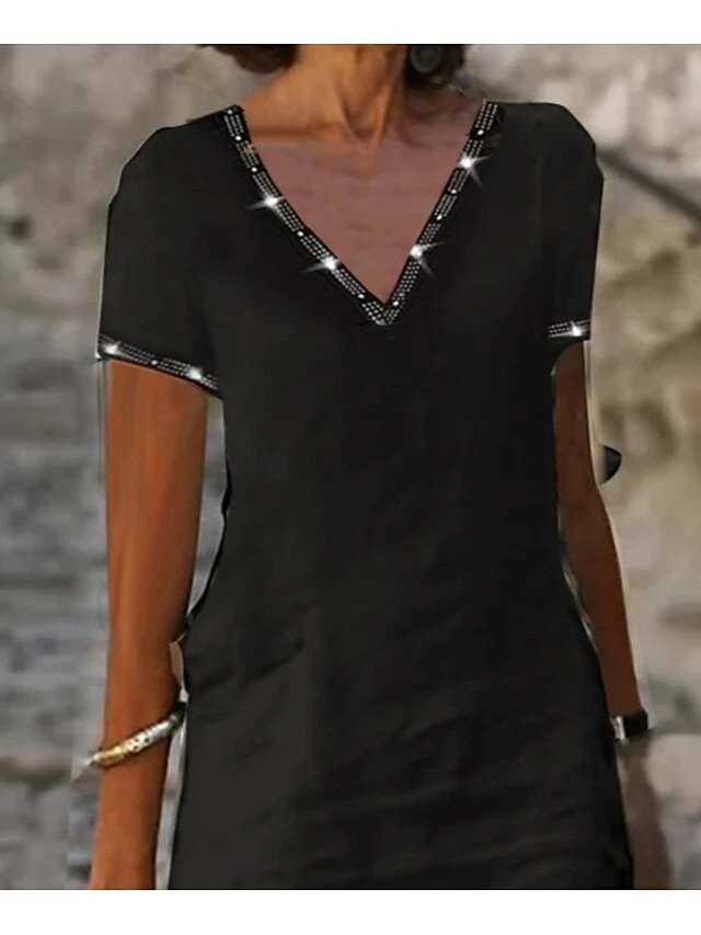 Women's Casual Dress Cotton Linen Dress Shift Dress Midi Dress Cotton Blend Basic Modern Outdoor Daily Vacation V Neck Beads Short Sleeve Summer Spring 2023 Regular Fit Black Plain S M L XL 2XL 2 Women's Casual Dress Cotton Linen Dress Shift Dress Midi Dress Cotton Blend Basic Modern Outdoor Daily Vacation V Neck Beads Short Sleeve Summer Spring 2023 Regular Fit Black Plain S M L XL 2XL - Image 2