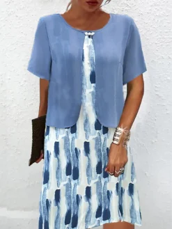 Women's Two Piece Dress Set Casual Dress Print Dress Daily Going Out Elegant Casual Print Midi Dress Crew Neck Half Sleeve Print Loose Fit Pink Blue Summer Spring XL XXL 3XL 4XL 5XL