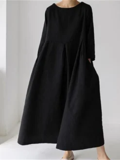 Women's Cotton Linen Dress Casual Dress Swing Dress Maxi Long Dress Cotton Blend Basic Classic Outdoor Daily Crew Neck Pocket Smocked Long Sleeve Summer Spring Fall 2023 Loose Fit Black Yellow Green